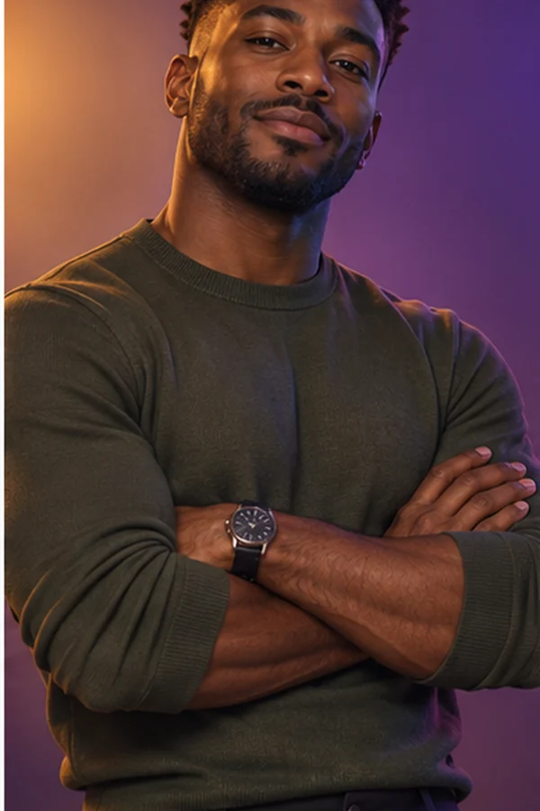 Dario, fiktive erwachsene Editorial-Figur im Alter von 36 Jahren in einem olivfarbenen Pullover