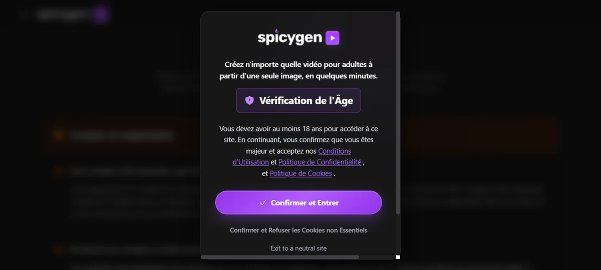 Öffentliche SpicyGen-Hilfeseite mit Altersprüfung